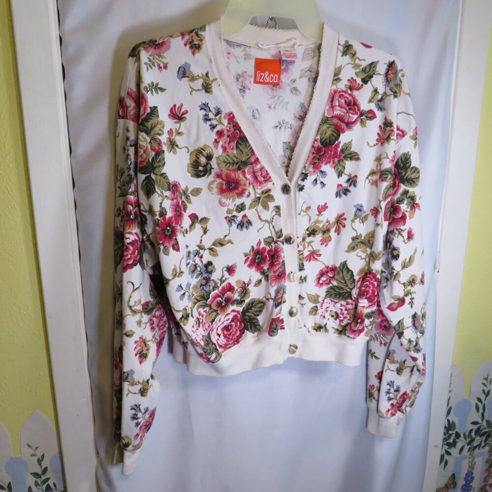 Liz & Co. Vintage Floral Button-Up Cardigan Waist-Length (short) wheelchair easy